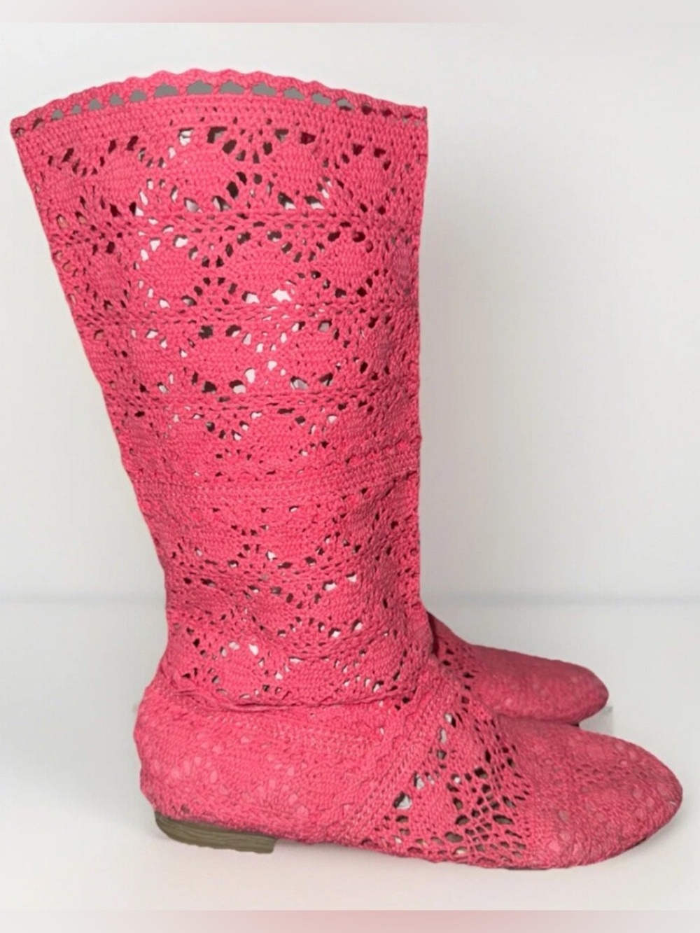 Women size 6 Lace Hollow Boots Shoes Breathable Knit Line Mesh Boots Knee Pink